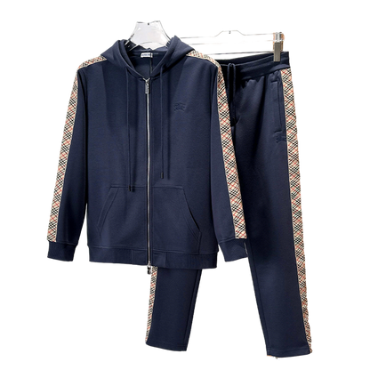Burberry Men's Navy Blue Hooded Tracksuit With Plaid Details