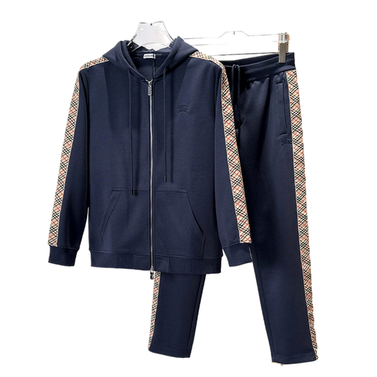 Burberry Men's Navy Blue Hooded Tracksuit With Plaid Details