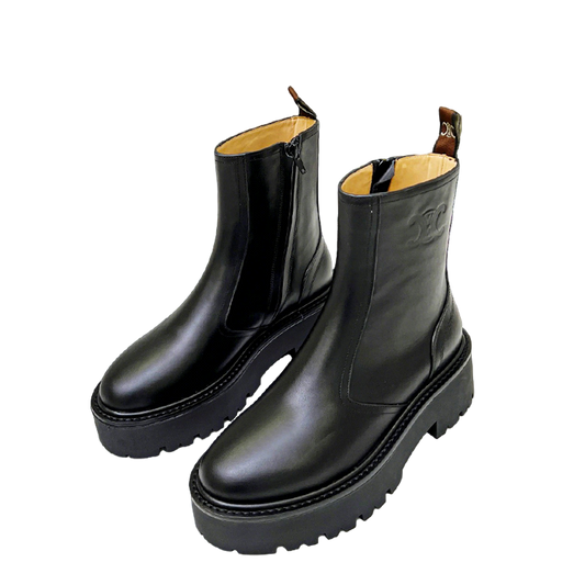 Celine Black Leather Ankle Boots With Platform Sole And Branding