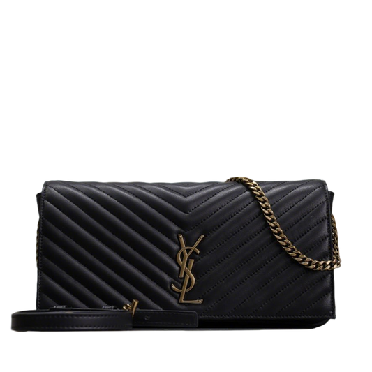 YSL Kate Black Quilted Leather Chain Crossbody Bag with Gold Logo 604276