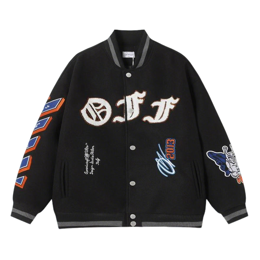 Off - White Black Varsity Jacket With Embroidered Logos And Patches