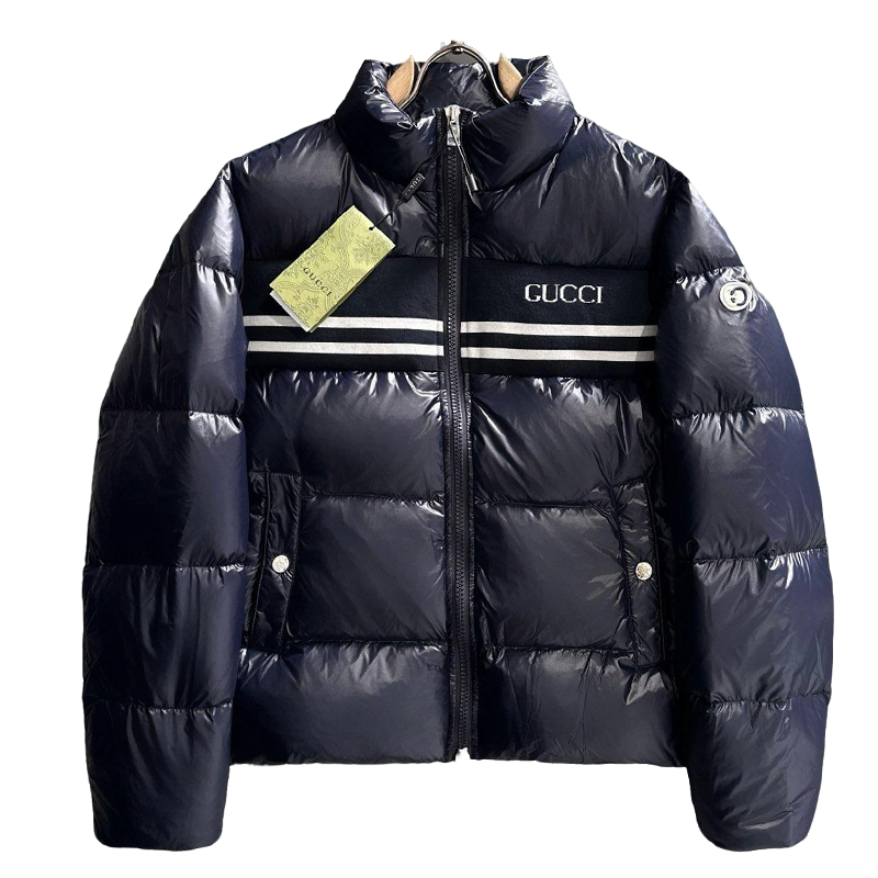 Gucci Navy Blue High - Neck Down Jacket With Brand Details