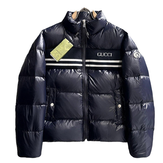 Gucci Navy Blue High - Neck Down Jacket With Brand Details