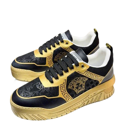 Versace Black And Gold Platform Sneakers With Medusa And Greek Key Motifs