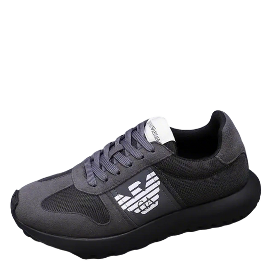 Emporio Armani Grey Mesh And Suede Athletic Sneakers With Logo