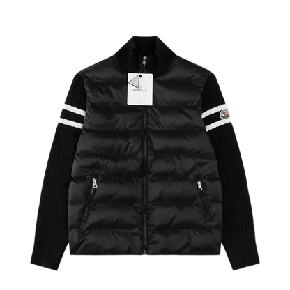 Moncler Men's Black Hybrid Down Jacket With Knitted Sleeves And Stripes