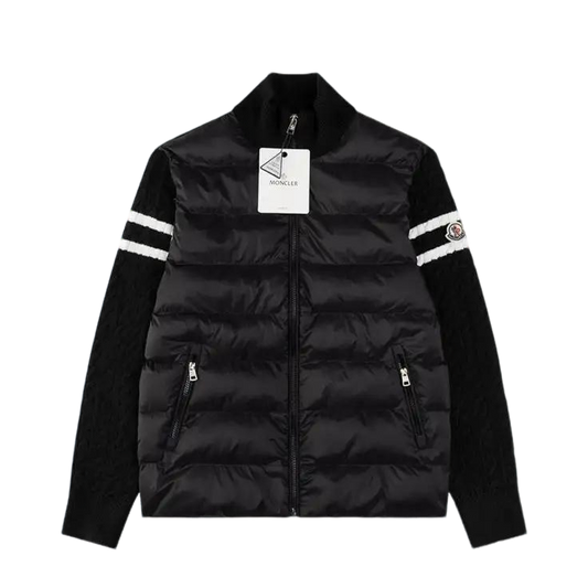 Moncler Men's Black Hybrid Down Jacket With Knitted Sleeves And Stripes