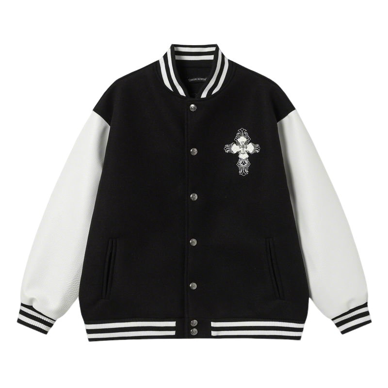 Chrome Hearts Inspired Black and White Varsity Jacket with Cross Emblem