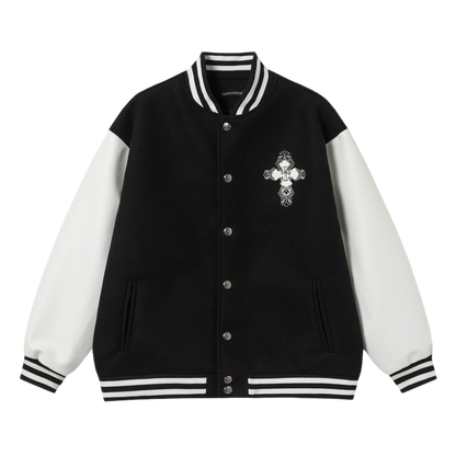 Chrome Hearts Inspired Black and White Varsity Jacket with Cross Emblem