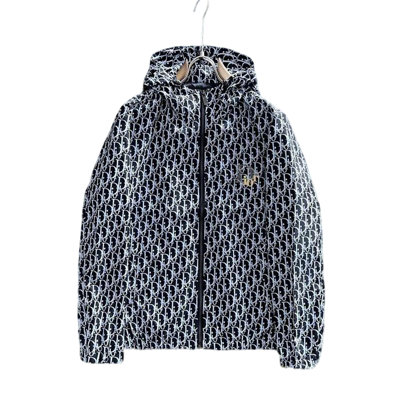 Dior Black Hooded Jacket With All - Over Monogram Pattern And Gold Accent