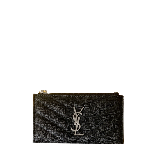 Stylish Saint Laurent Quilted Leather Zip Card Holder with Silver Logo 607915