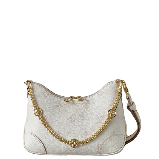 Elegant Louis Vuitton White Hobo Bag With Gold Chain And Monogram Patterns