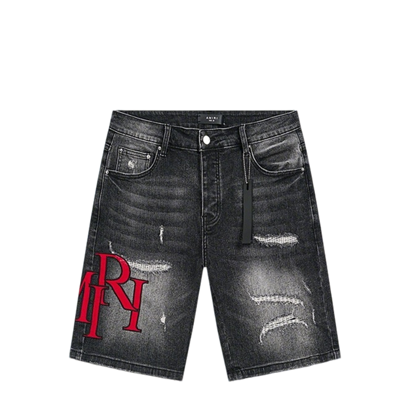 Amiri Black Distressed Denim Shorts With Bold Red Logo