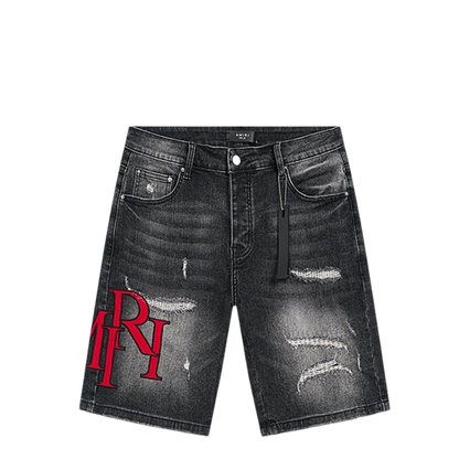 Amiri Black Distressed Denim Shorts With Bold Red Logo