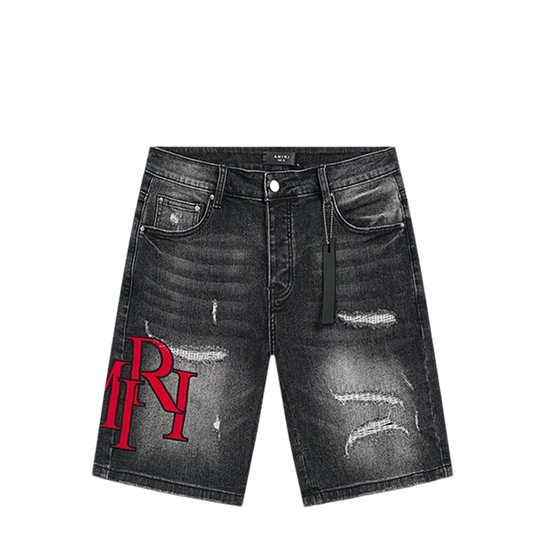 Amiri Black Distressed Denim Shorts With Bold Red Logo