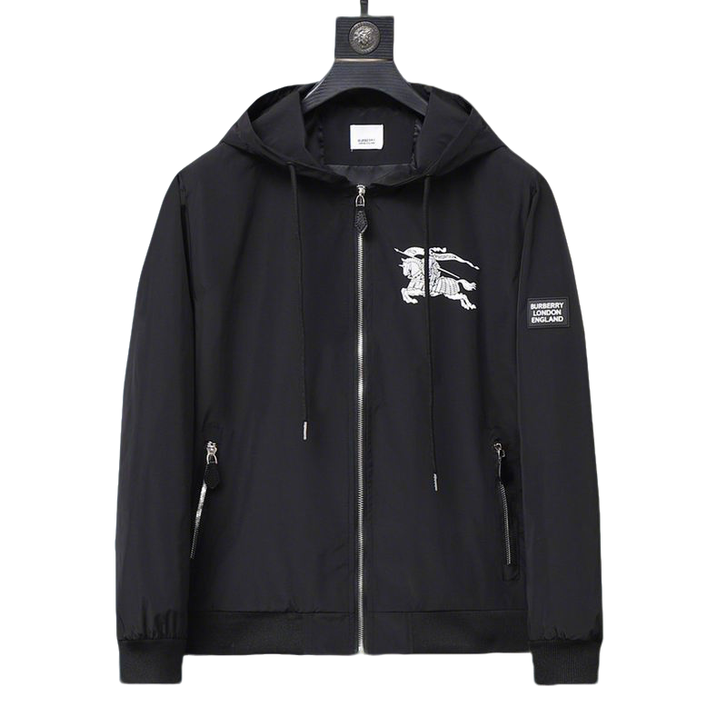 Burberry - Inspired Black Hooded Jacket with Equestrian Knight Emblem