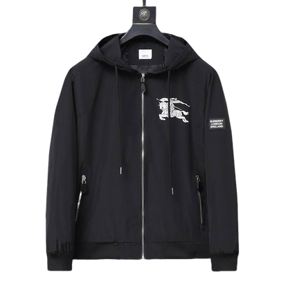 Burberry - Inspired Black Hooded Jacket with Equestrian Knight Emblem
