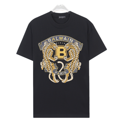 Balmain Black/White Tee With Embroidered Leopard Logo For Luxury Streetwear Style