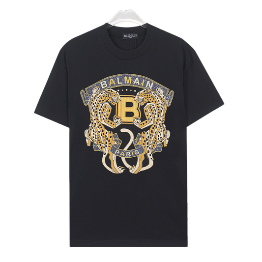 Balmain Black/White Tee With Embroidered Leopard Logo For Luxury Streetwear Style