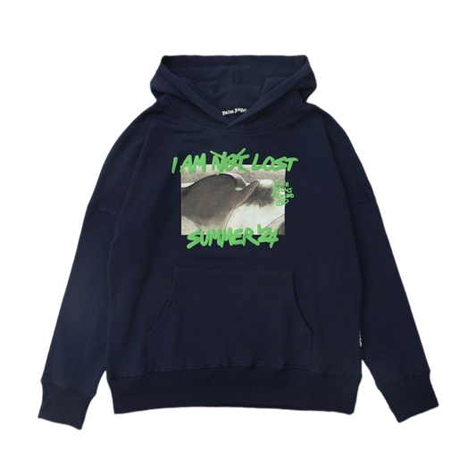 Palm Angels Navy Hoodie Featuring I AM NOT LOST SUMMER24 Graphic Print and Hooded Design