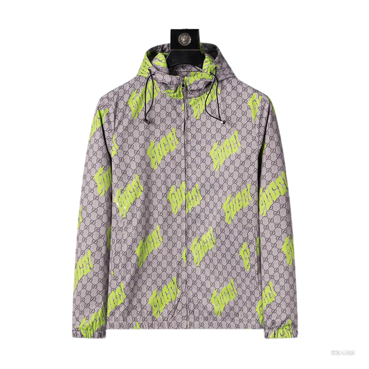 Gucci Hooded Jacket With Neon Logo And GG Pattern