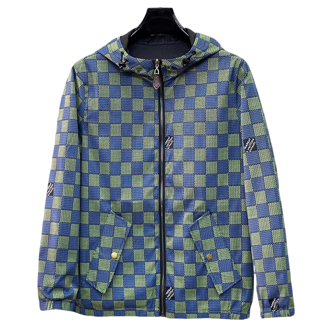 Louis Vuitton Men's Checkered Hooded Zip-Up Jacket with Signature Details