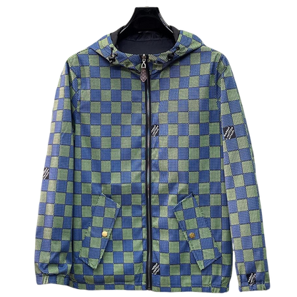 Louis Vuitton Men's Checkered Hooded Zip-Up Jacket with Signature Details