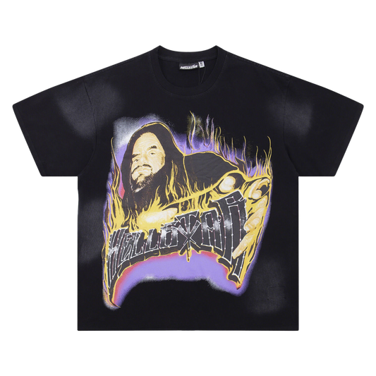Hellstar Black T - Shirt With Flaming Graphic And Distinctive Rock - Inspired Design