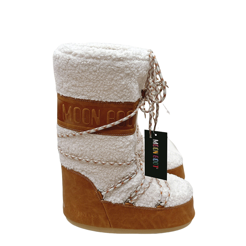 Moon Boot Style White And Brown Shearling Winter Boots For Warmth