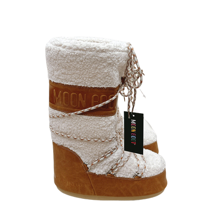 Moon Boot Style White And Brown Shearling Winter Boots For Warmth