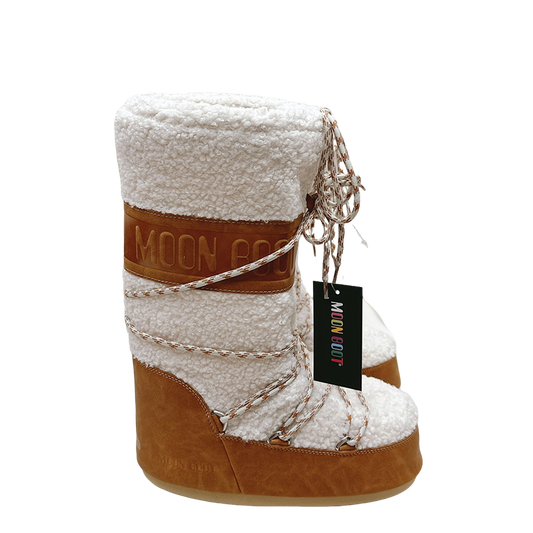 Moon Boot Style White And Brown Shearling Winter Boots For Warmth