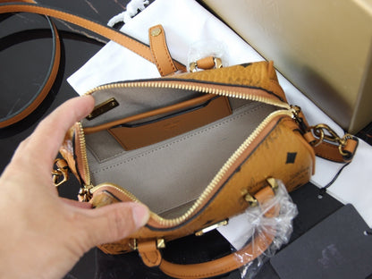 MCM Brown Visetos Coated Canvas Mini Boston Bag With Logo Plate 30199