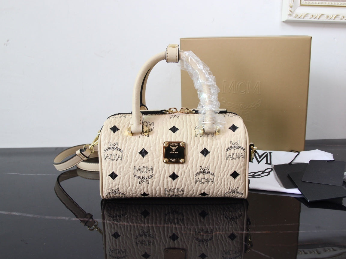 MCM Brown Visetos Coated Canvas Mini Boston Bag With Logo Plate 30199