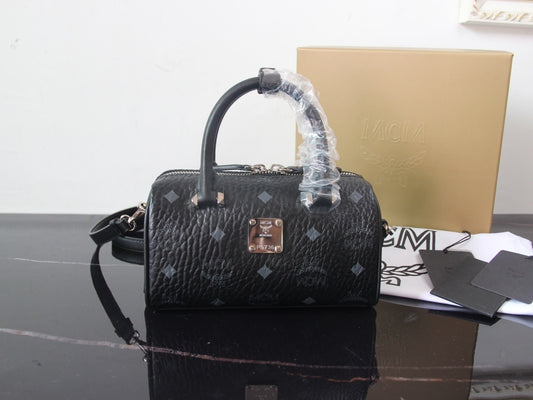 MCM Brown Visetos Coated Canvas Mini Boston Bag With Logo Plate 30199