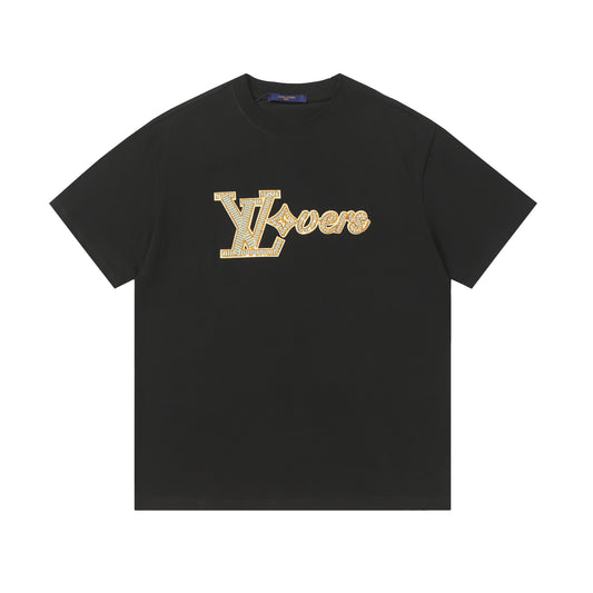 Louis Vuitton White/Black/Blue T - Shirt Featuring Embroidered "LV Lovers" Logo Design
