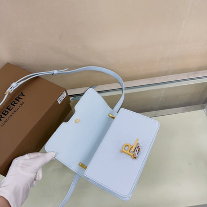 Elegant Light Blue/Brown/Pink Burberry Crossbody Bag With Signature TB Logo And Textured Leather Style No.9141