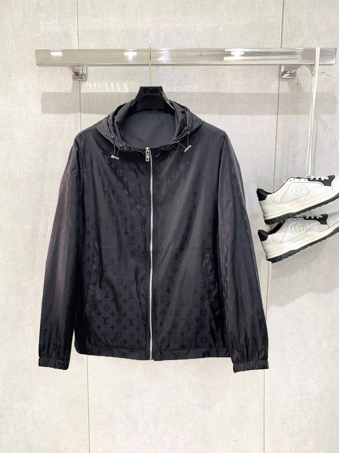 Louis Vuitton Men's Checkered Hooded Zip-Up Jacket with Signature Details