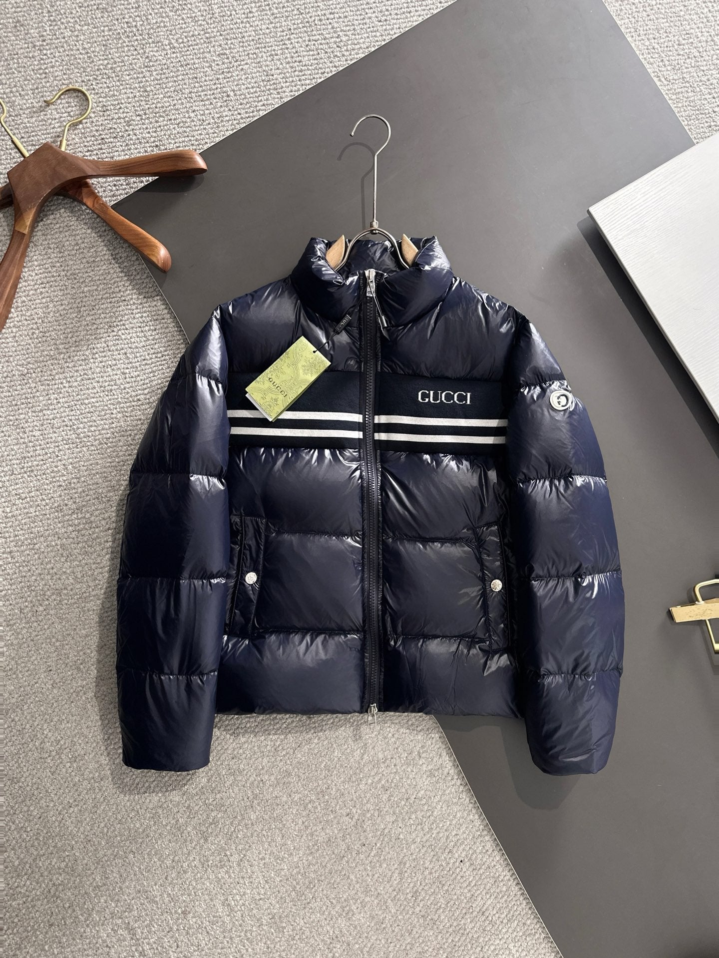 Gucci Navy Blue High - Neck Down Jacket With Brand Details