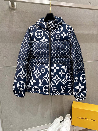 Louis Vuitton Navy Blue Hooded Down Jacket With Monogram Patterns