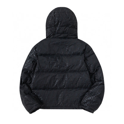 Fendi Black Hooded Down Jacket With Signature Monogram Patterns