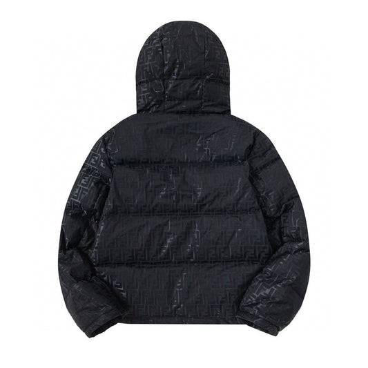 Fendi Black Hooded Down Jacket With Signature Monogram Patterns