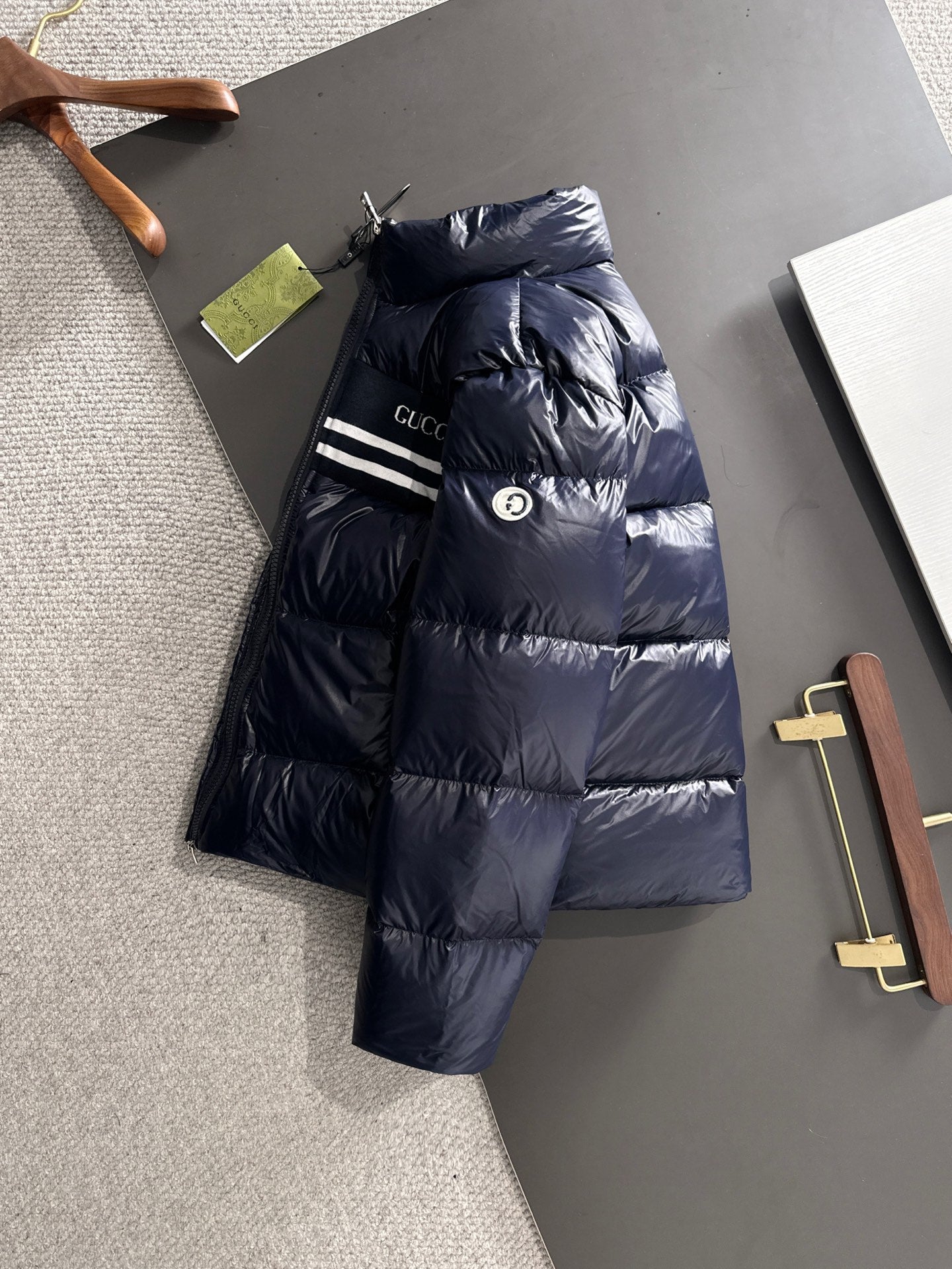 Gucci Navy Blue High - Neck Down Jacket With Brand Details