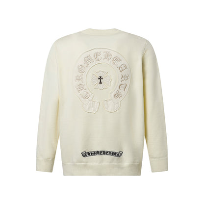Chrome Hearts Inspired Cream Crew Neck Sweater With Embroidered Logo Detail