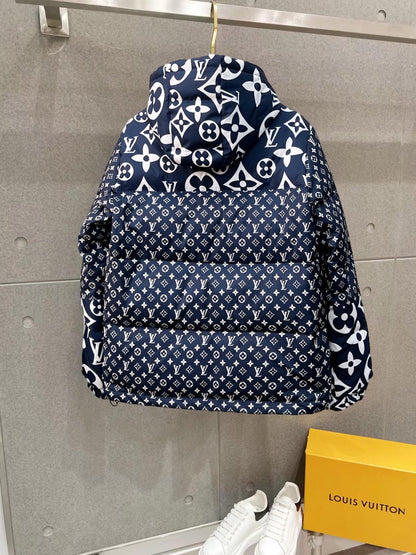 Louis Vuitton Navy Blue Hooded Down Jacket With Monogram Patterns
