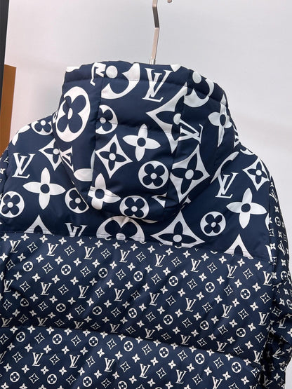 Louis Vuitton Navy Blue Hooded Down Jacket With Monogram Patterns