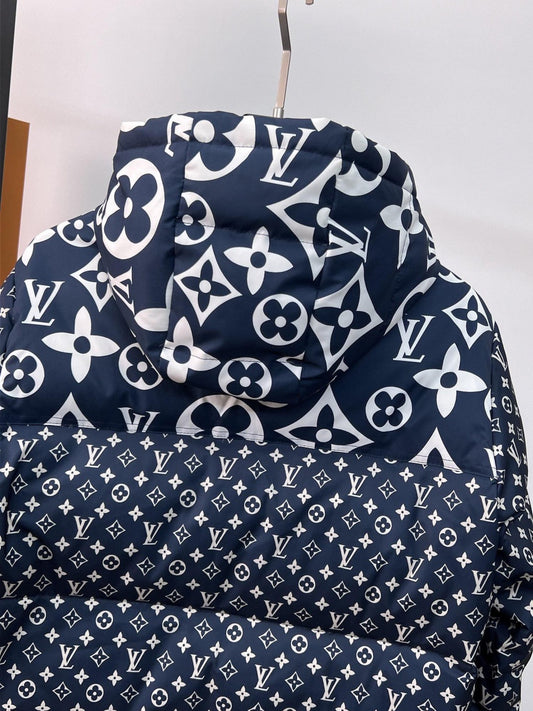Louis Vuitton Navy Blue Hooded Down Jacket With Monogram Patterns