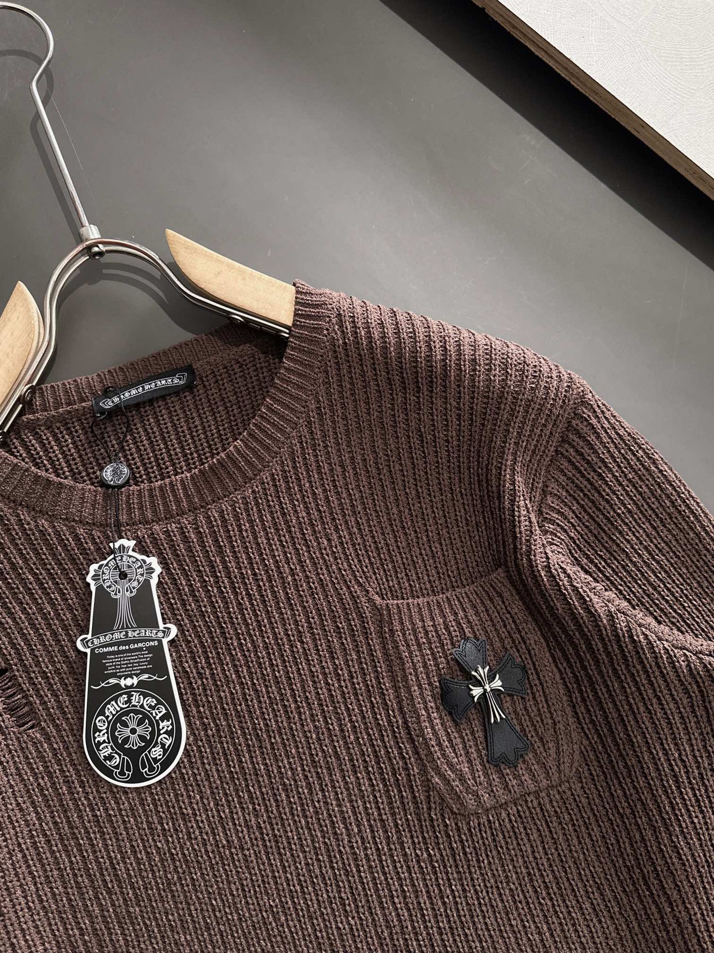 Chrome Hearts Style Brown Crew Neck Sweater With Distressed Details And Cross Emblem