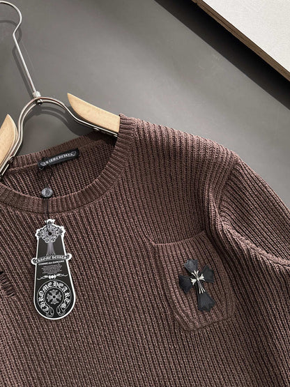 Chrome Hearts Style Brown Crew Neck Sweater With Distressed Details And Cross Emblem