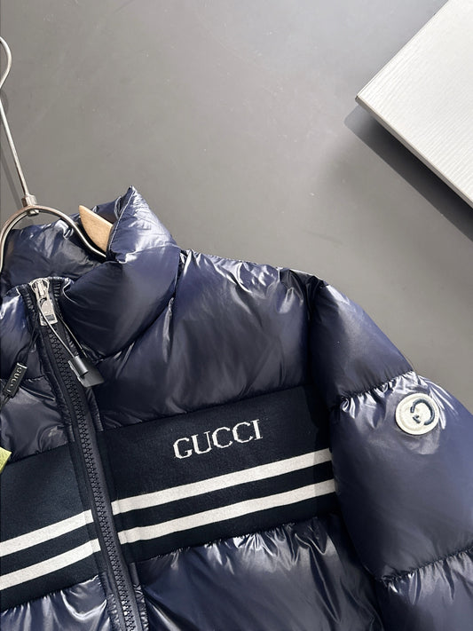Gucci Navy Blue High - Neck Down Jacket With Brand Details