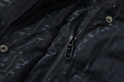 Fendi Black Hooded Down Jacket With Signature Monogram Patterns